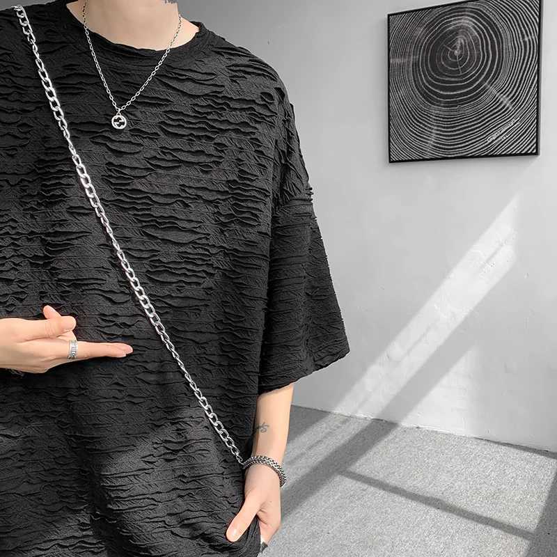 Summer fashion hole T-shirt mens short sleeved O-neck loose casual solid color T-shirt mens clothing M250108
