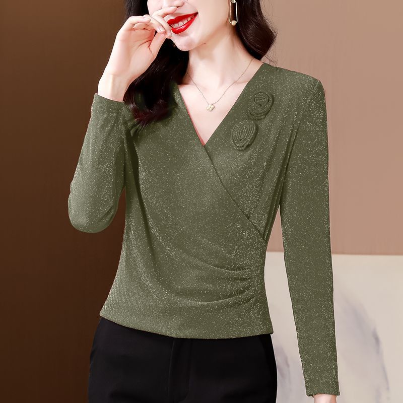 H333 mesh V-neck bottoming shirt for women, high-end fashion, stylish ladies' mom's small shirt, spring and autumn new large size tops