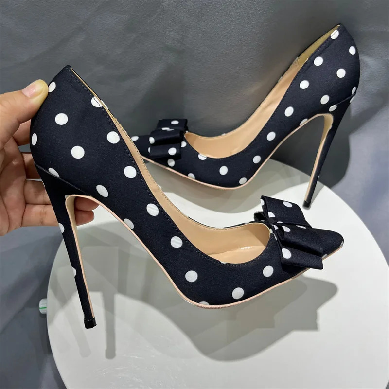 Black Polka Dot Stain 10Cm Heels Knot Studded WomenS Modern Heel Pointed Toe Casual Shoes WomenS Heel Shoes Size 34-45 250103