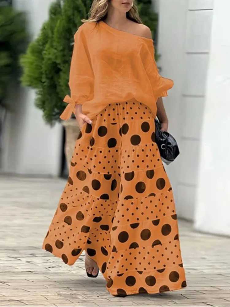 2-piece womens shoulder top with polka dot printed wide leg pants matching set fashionable womens 2024 set W250108