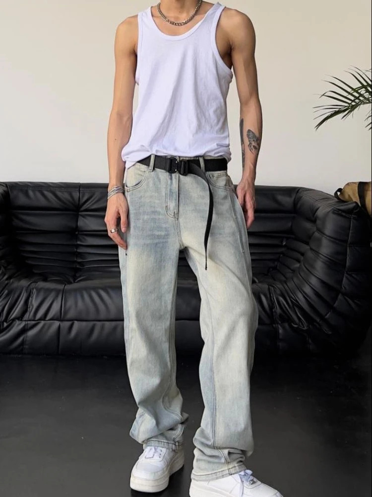 Jeans for Men Loose Light Blue Baggy Straight Man Cow Pants Punk Spliced Y2k Vintage Trousers 2024 Korean Autumn Trend Cotton 250107