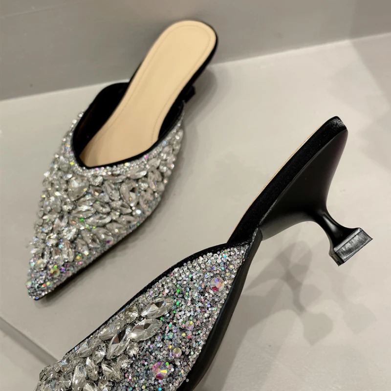 Rhinestone Sandals Women Slingback Slippers Female Fashions Low Heel Flip-flops Shiny Pointed Pumps Women Mule Slippers 250107