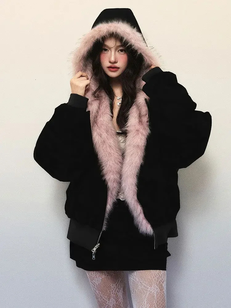 Winter American Retro Pink Fur Hooded Workwear Thickened Short Jacket Skirt Two-piece Suit for Women 241225