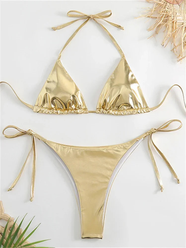 Sexy Brozing Gold Bikinis Sets Women Push Up Micro Bikini Swimsuit 2024 Brazilian Beach Bathing Suit Tie Side Triangle Swimwear250107