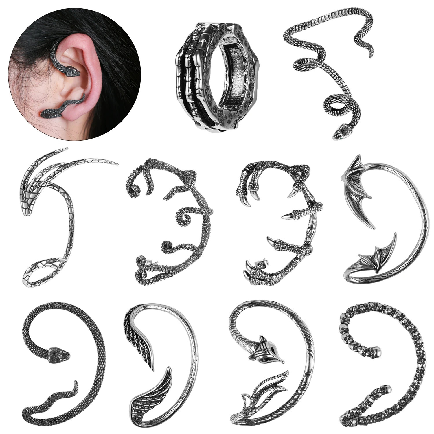 ZS 1/2PCS 316L Stainless Steel Wrap Earring Snake Claw Ear Cuff Gothic Ear Clips Punk Rock Non Pierced Cartilage Earrings 250103