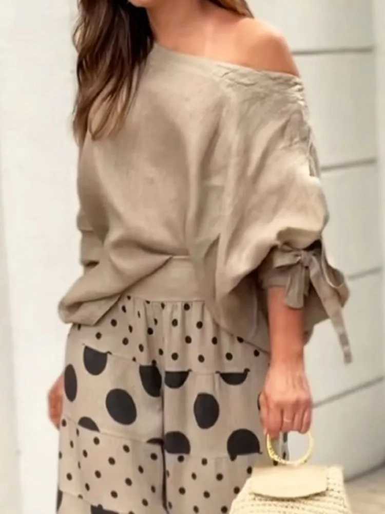 2-piece womens shoulder top with polka dot printed wide leg pants matching set fashionable womens 2024 set W250108