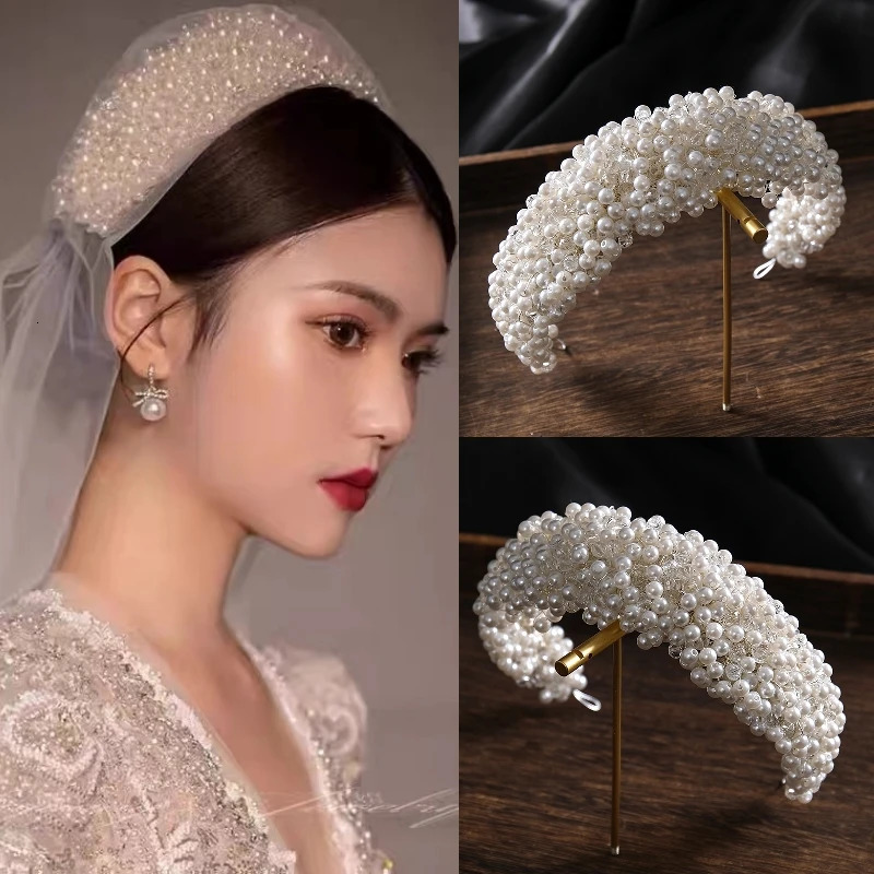 Full Pearl Crystal Headband Tiara Hairband Silver Color Bridal Wedding Hair Accessories Vine Headband For Bride Women 250107