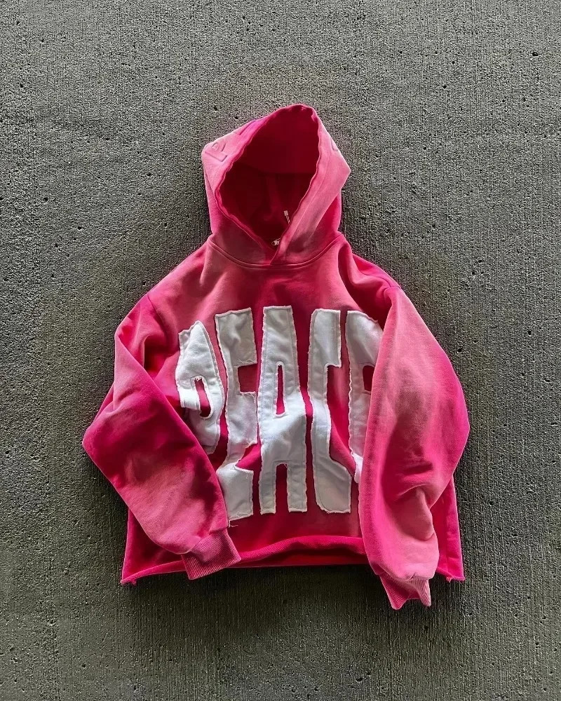 Men's Hoodies Sweatshirts High Street Peace Retro Letter Patch For Men And Women Y2K Harajuku Hip Hop Gothic Casual Joker Clothing Daily Outfit M