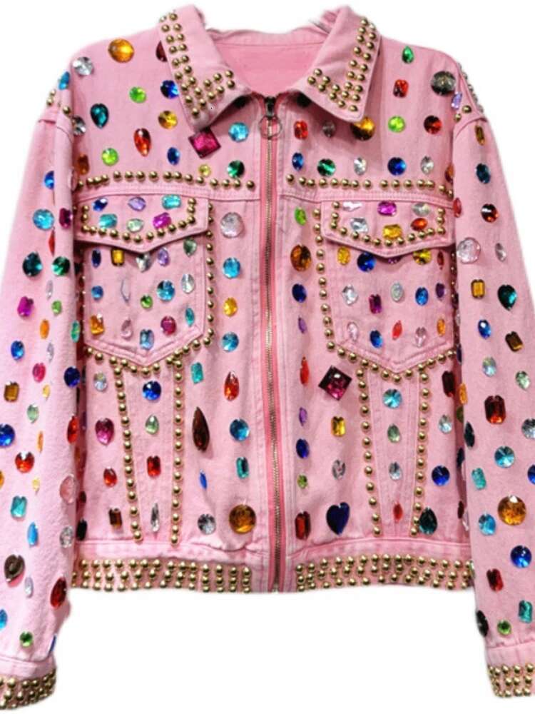 Women Rainbow Dias Beaded Pink Denim Coat Loose Rhies Jeans Jacket Long Sleeve Crystal Cowboy Cardigan Rivets Tops