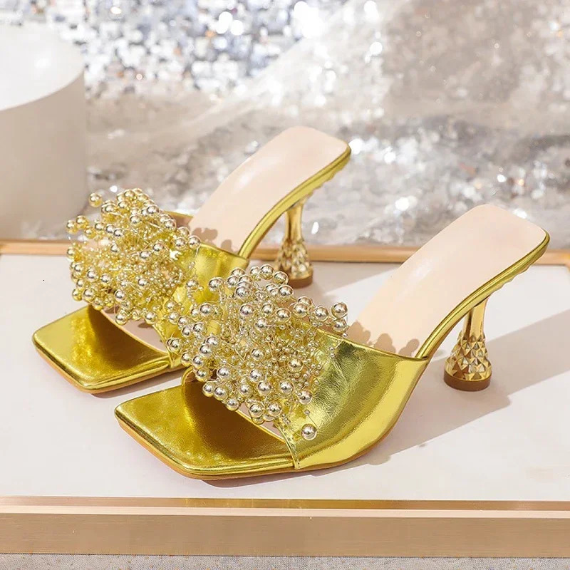 Summer Open Toe High Heels Slippers for Women String Beads Fashion Golden Slides Party Shoes Fashion Slingback Sandals Female 250107