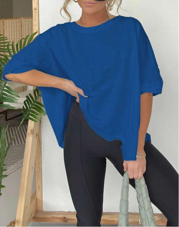 'S Independent Cross-Border Foreign Trade New Summer European And American Women's Clothing Solid Color Loose Round Neck Short Sleeved T-Shi