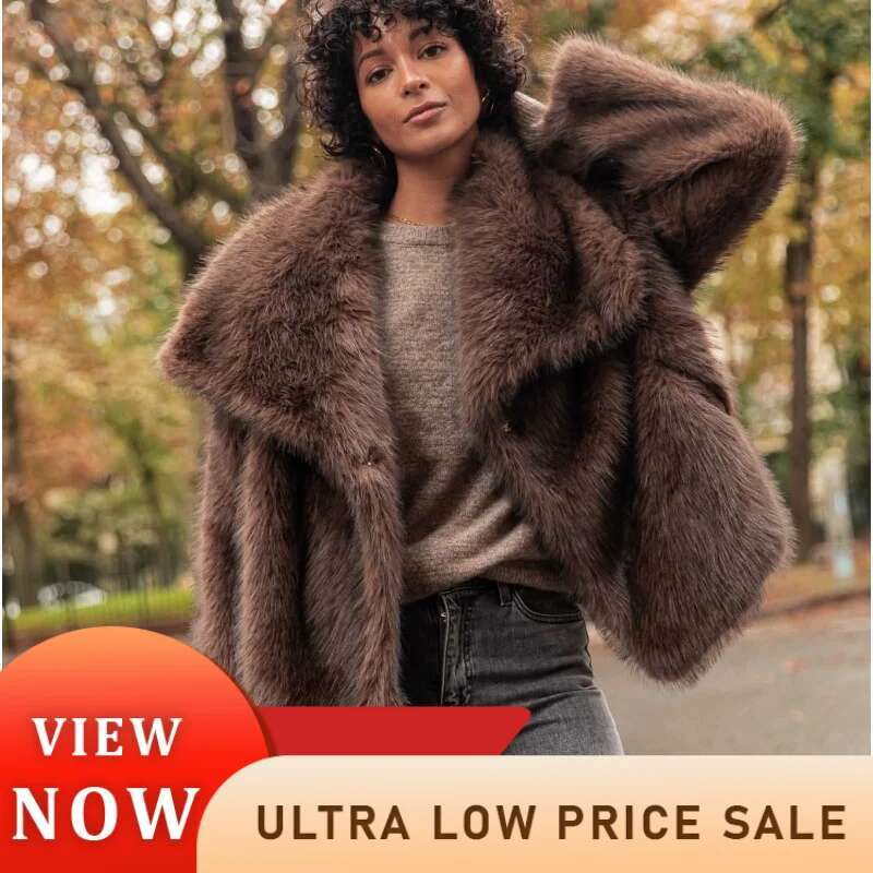 Women's Fashion Solid Warm Faux Fur Short Coat 2024 Lapel Full Sleeve Thick Fluffy Jacket Winter Casual Female Streetwear
