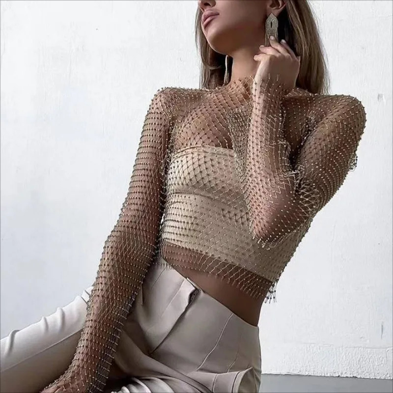 Women Sexy Mesh See Through T Shirt Shiny Rhinestone Fishnet Hollow Out Crop Top Long Sleeve Beach Cover Up Party Club Tank Tops 250107