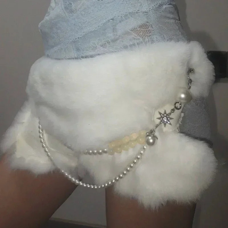 Sexy Rabbit Fur Belt Pearl Chain Y2K Furry Belt Vintage Cow Belts Gothic Punk Star Waistband HipHop Waistband Jeans Pants 250107