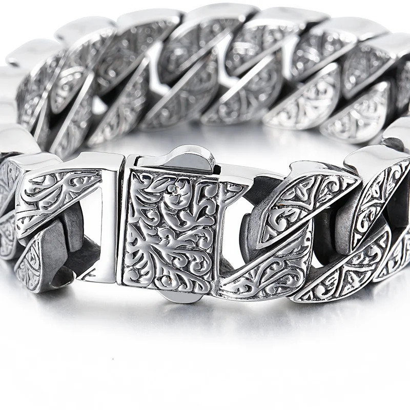 Fongten Vintage Bracelet For Men Carving Cuban Chain Stainless Steel Mens Bracelets Bangle Viking Gold Silver Color Jewelry 250107