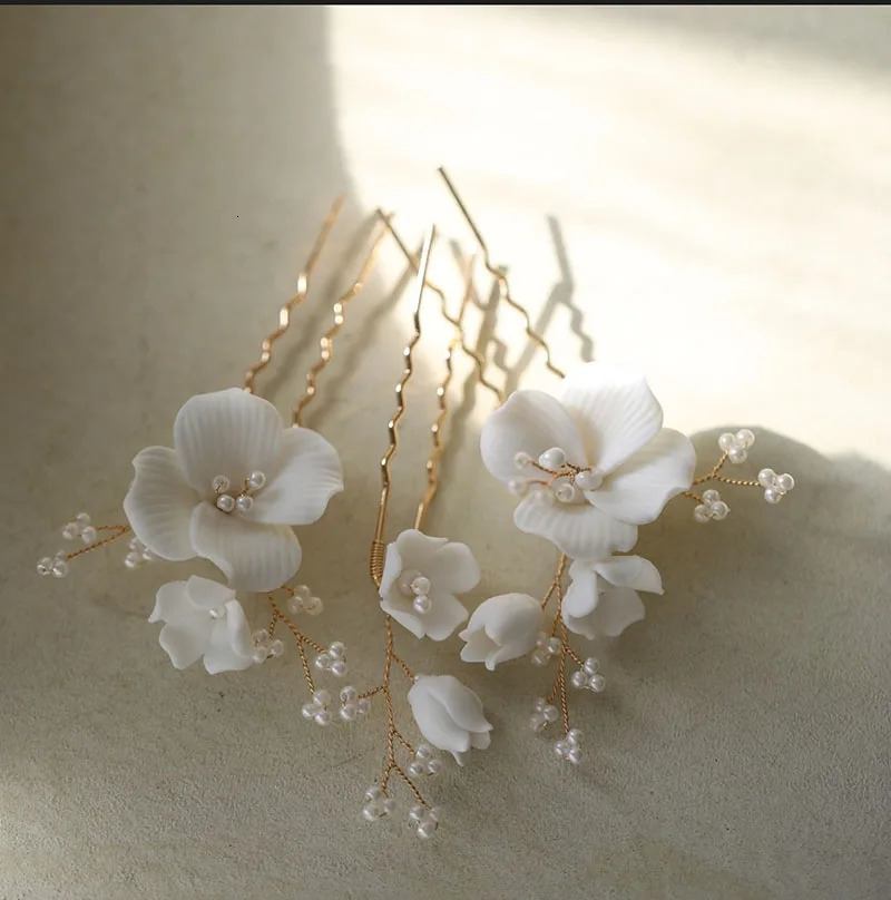 SLBRIDAL Handmade Ins Style Ceramic Flower Pearls Bridal Hair Pin Set Wedding Hair Sticker Hair Accessories Women Hair Jewelry 250107