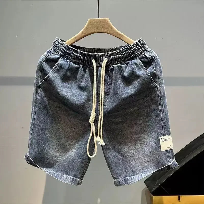 Male Denim Shorts Wide Drawstring Graphic Loose Mens Short Jeans Pants Baggy Harajuku Thin Xl Korean Fashion in Cut Blue 250107
