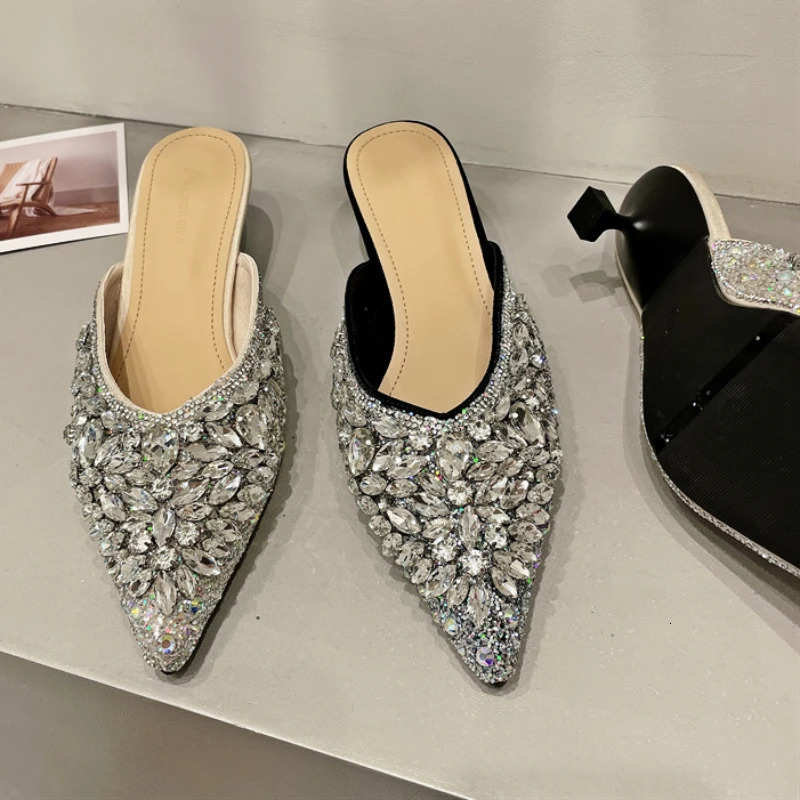 Rhinestone Sandals Women Slingback Slippers Female Fashions Low Heel Flip-flops Shiny Pointed Pumps Women Mule Slippers 250107