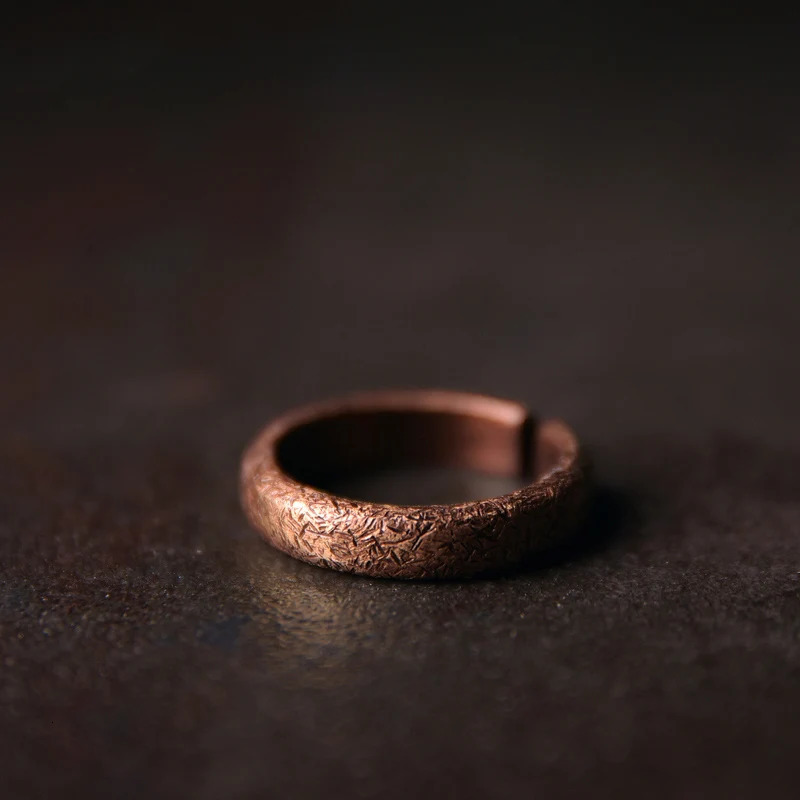 Hand Processed Texture Solid Copper Ring Vintage Rustic Hardwear Size Adjustable Anniversary Retro Punk Street for Men Women 250107
