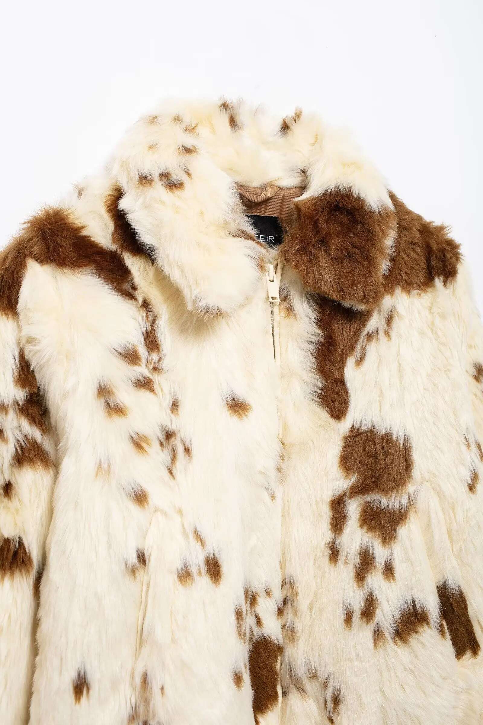 Women Autumn Casual Faux Fur Lapel Crop Jacket Fashion Cow Pattern Fuzzy Long Sleeve Coat Female Chic Zipper Outerwear TRAF