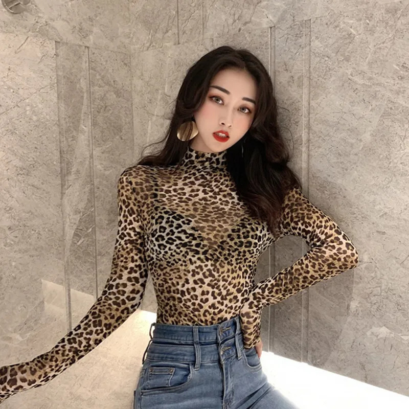 Women T-shirts spring Retro Turtleneck Leopard Slim Long-sleeved Leoaprd Tshirts Mesh Perspective Bottoming Tee Shirts 250107