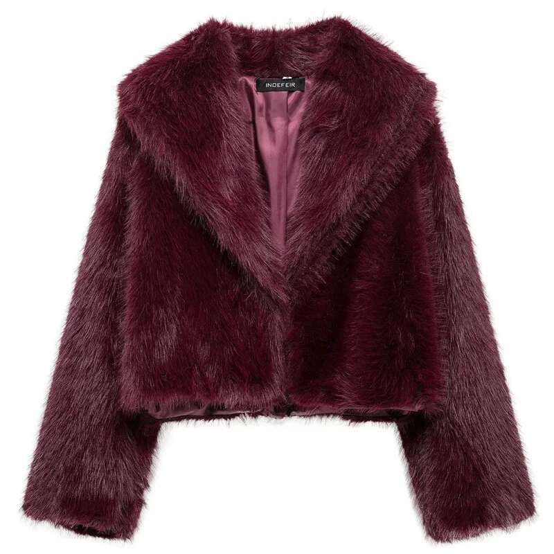 TRAF Women's Winter Fluffy Faux Fur Coat Women Crop Brown Bury Jacket Fashion Plush Long Sleeve Coats Hairy Outwears