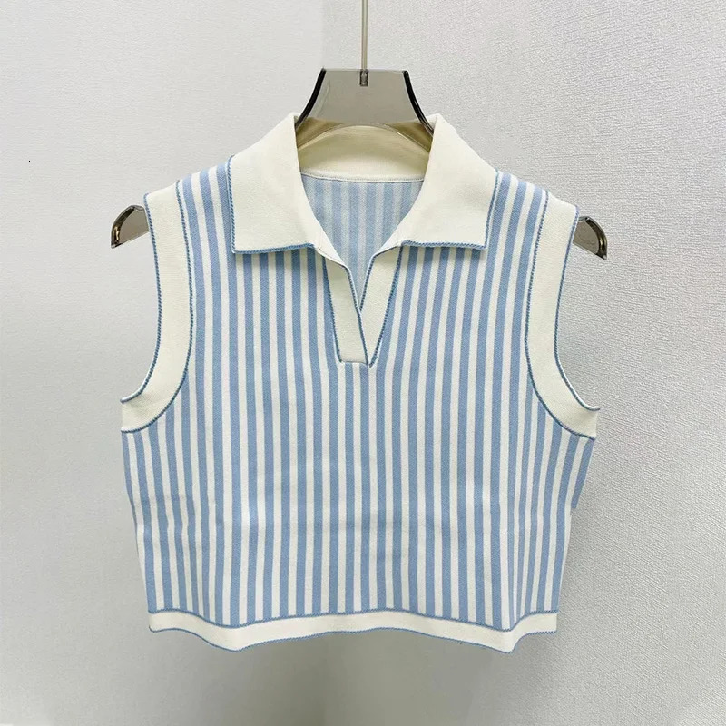 Summer Polo Collar Knit T-shirt Women Cropped Striped Vest Tops Sleeveless Contrasting Edges Tees 2024 Clothing 250107