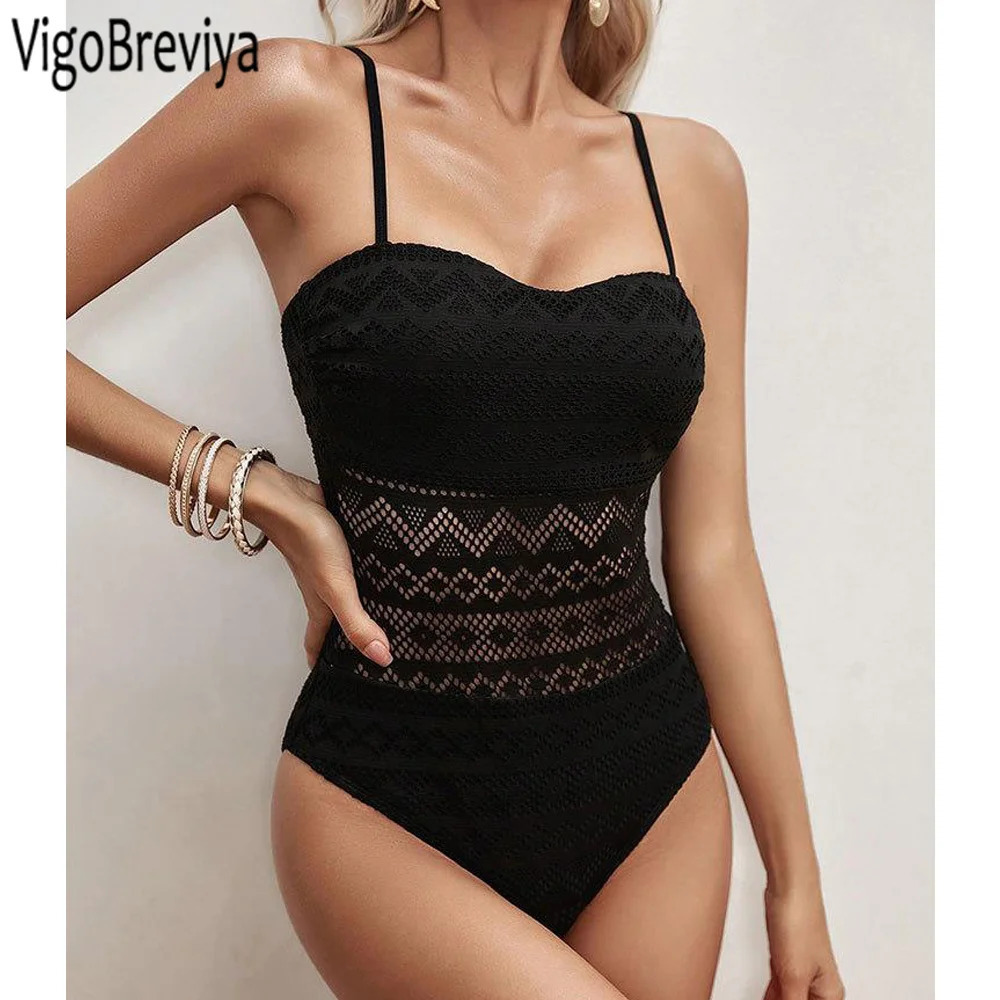 VigoBeviya Sexy Black Strapped Swimwear Women Push UP Lace Hollow One Piece Swimsuit Monokini Backless Summer Bathing Suit 250108
