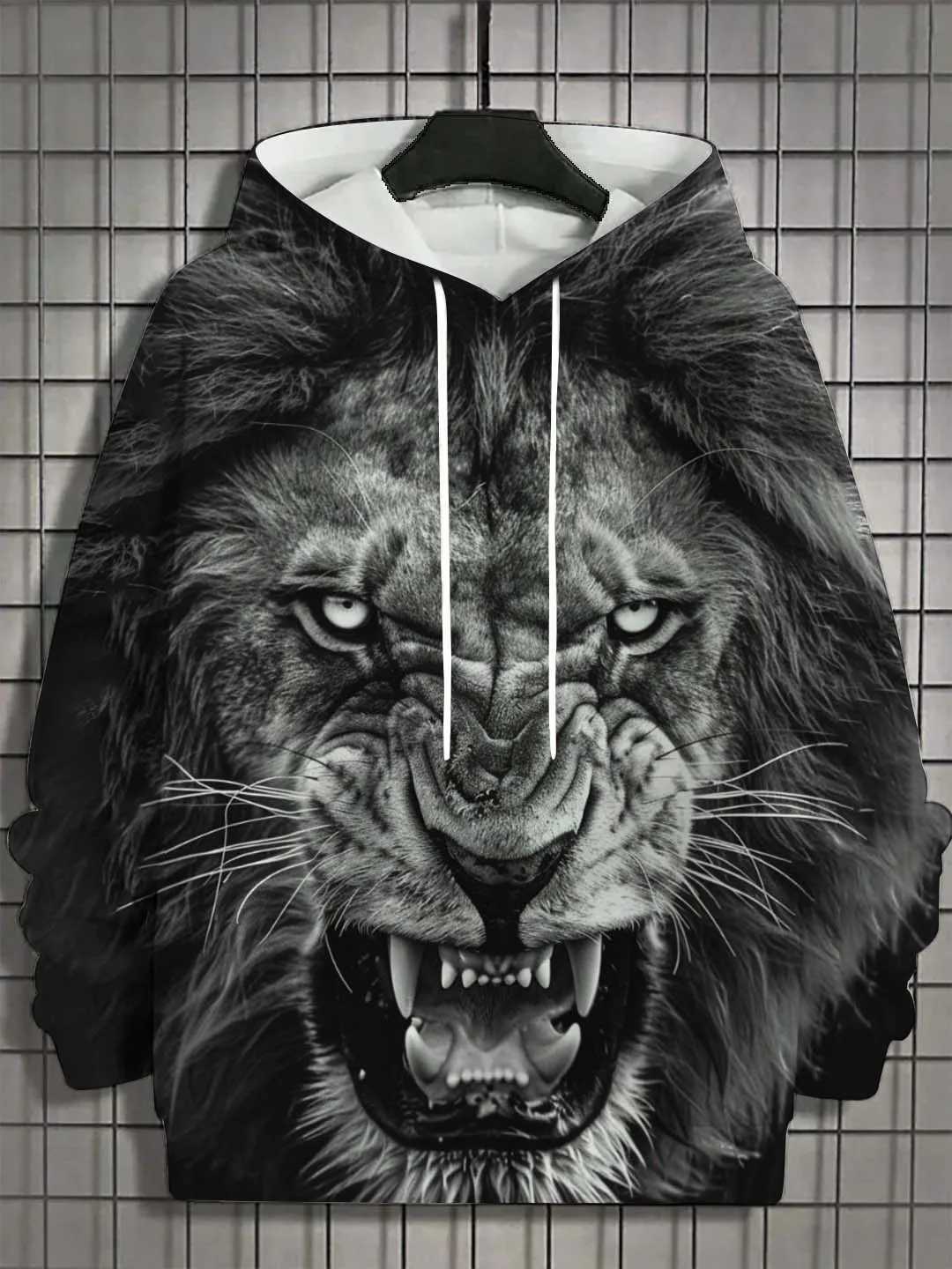 Mens 3D printed animal lion graphic long sleeved hooded sweatshirt fashionable and casual autumn new unisex top super large hooded sweatshirt W250108