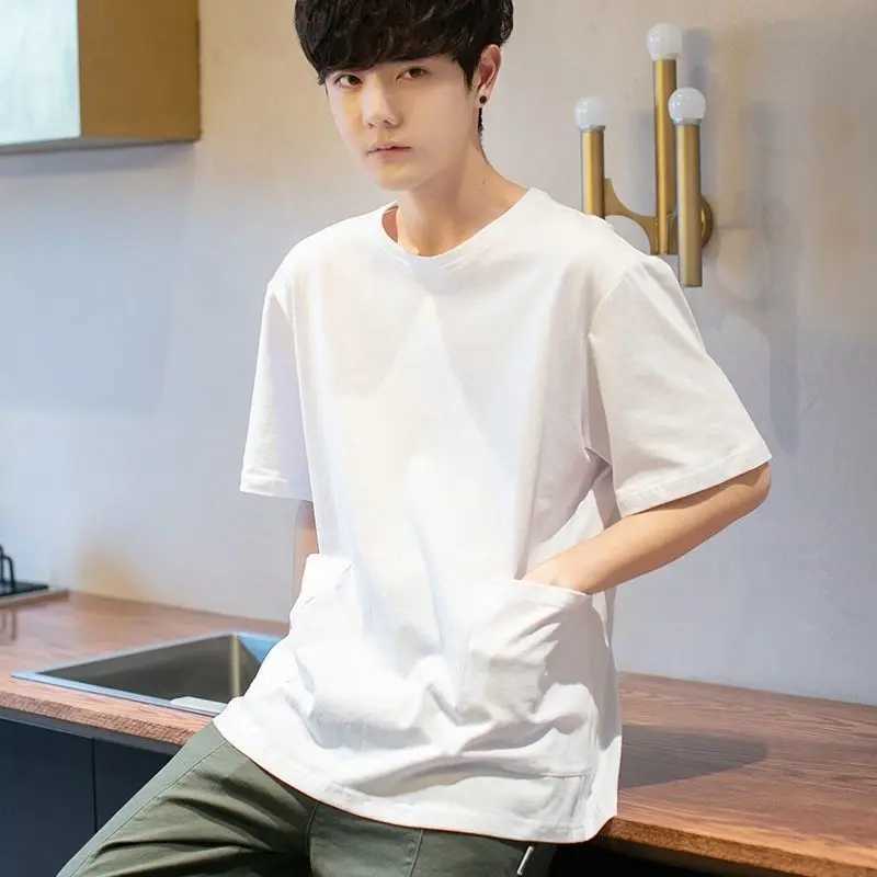 Fashionable and casual floral mens solid color loose T-shirt straight round neck handsome short sleeved spring/summer mens clothing M250108