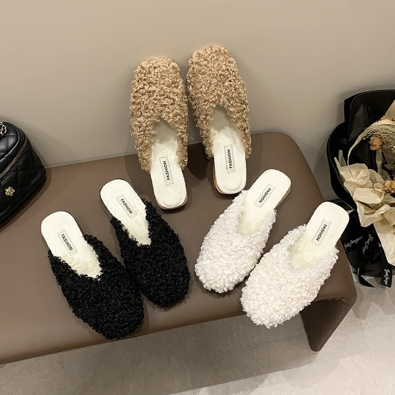 Aphixta 2.5cm Square Heel Warm Winter Furry Slide Suede Women Slippers Women Shoes Round Toe Low Heel Slip On Hair Slides 250107