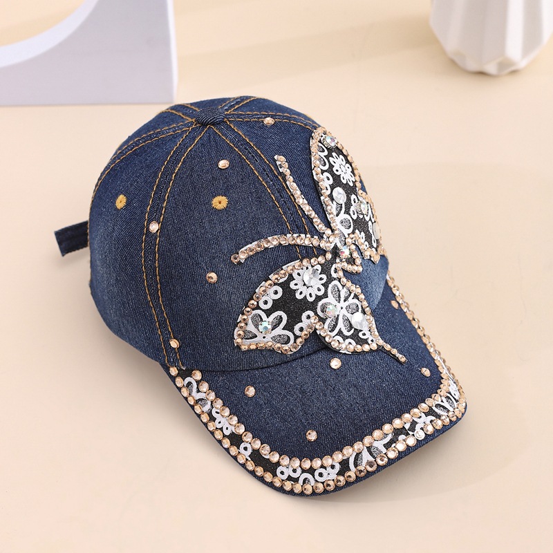 Casual versatile sun hat tide spring and fall inlaid diamond duck tongue hat female bow tie drill cowboy baseball cap sunscreen hat