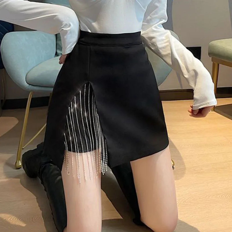 Fashion Side Split Mini Skirts for Women Korean High Waist Tassel ALine Skirt Woman Sexy with Lining Back Zipper Bag Hip 250106