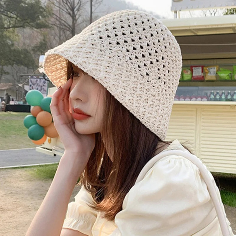 Summer Handmade Crochet Floppy Hats Collapsible Dome Bucket Hat Hollow Out Solid Color Beach Caps Simple Soft Women Hat 2024 250107