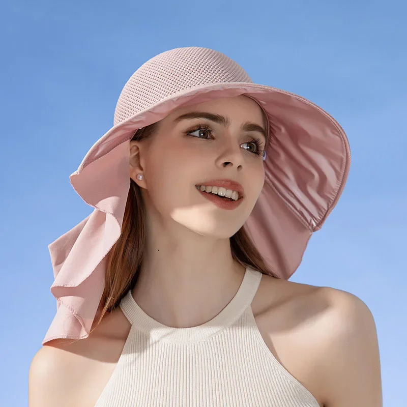 Summer Women Bucket Hat with Shawl Lightweight Breathable Mesh Face Neck Protection Sun Hat Bow Pleat Travel Beach Cap 250107