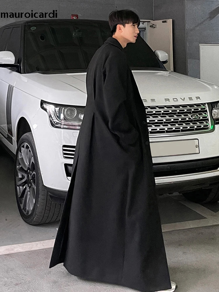 Mauroicardi Autumn Winter Extra Long Warm Black Loose Casual Wool Blends Coat Men Floor Length Overcoat Korean Fashion 250102