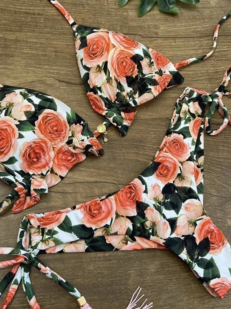 OIINAA Bathing Suit Women Sexy Printed Bikini Set Drawstring Swimsuit Halter Lace Up Two-piece Thong Summer Female Biquinis 250106