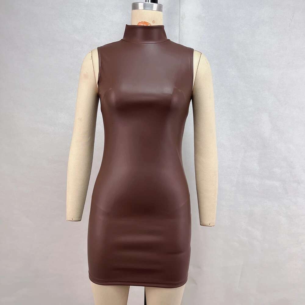 Summersexy Hot Sleeveless Fashion Temperament Street PU Leather Pure Color High-Necked Hip Short Dress