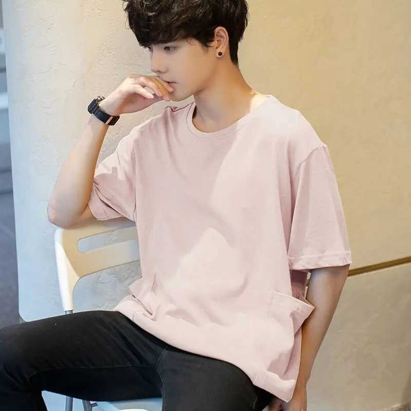 Fashionable and casual floral mens solid color loose T-shirt straight round neck handsome short sleeved spring/summer mens clothing M250108