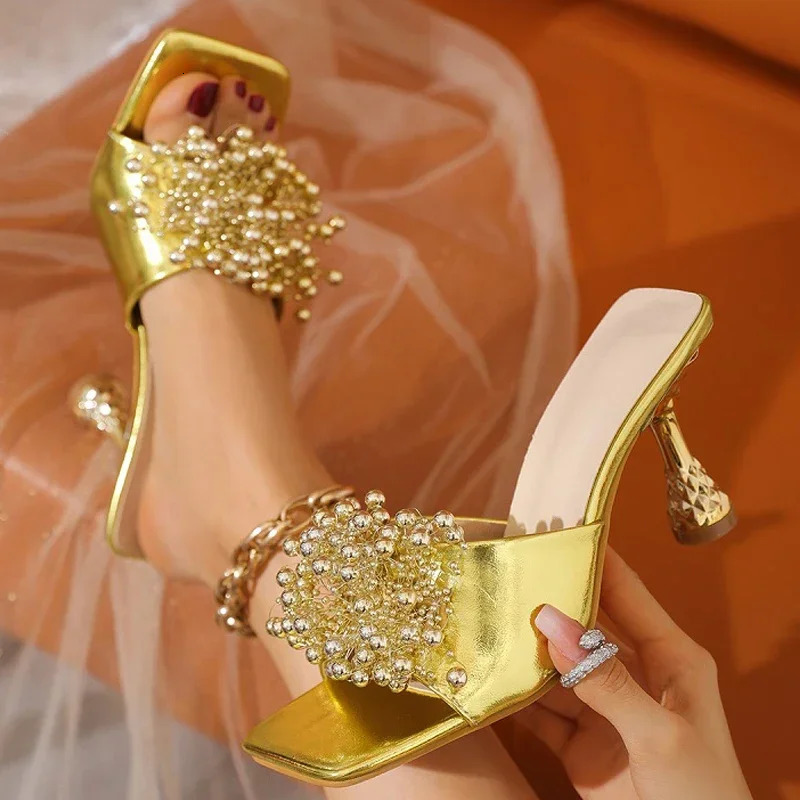 Summer Open Toe High Heels Slippers for Women String Beads Fashion Golden Slides Party Shoes Fashion Slingback Sandals Female 250107