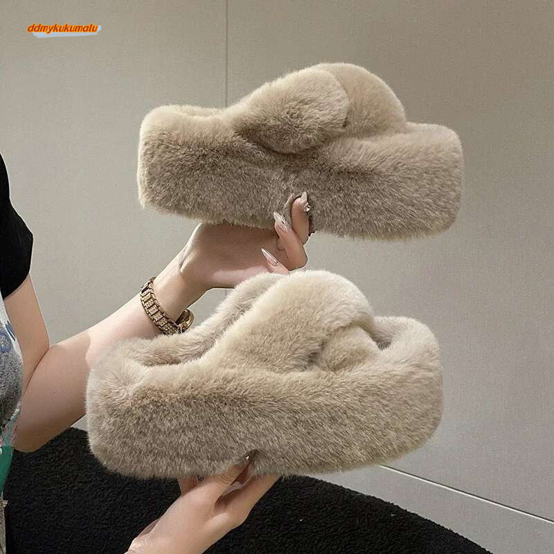 Woman Furry Ladies Faux Fur Fluffy Plush Slipper House Soft Fuzzy Girl Platform Indoor Flat Casual Sabot Round Toe Winter ddmykukumalu