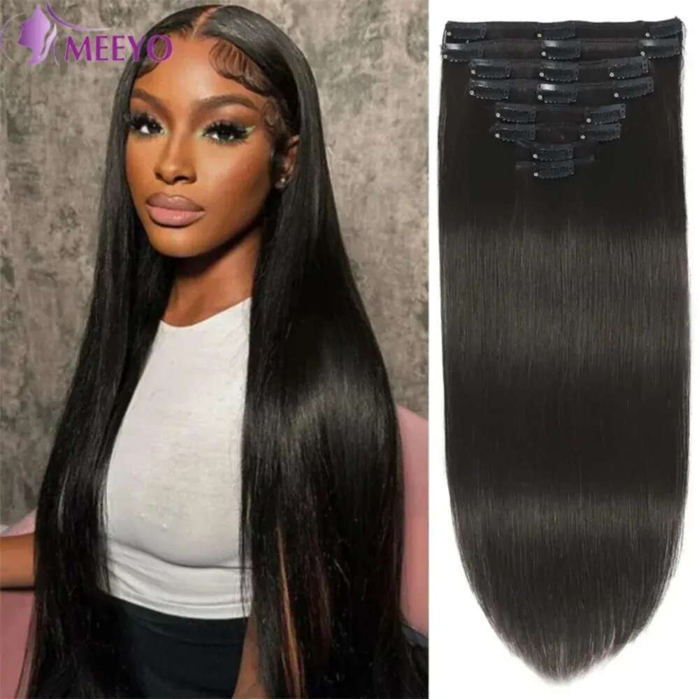 Straight Brazilian Human Hair Clip In Full Head Seamless Natural Black 1B For Women