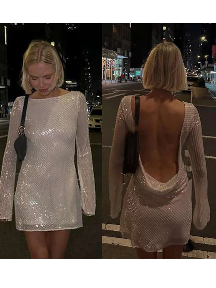 Elegant Backless Sequins Mini Dress For Women Sexy Long Flare Sleeve Sparkly Women Party Dresses Y2K Evening Party Chic Vestidos 250107