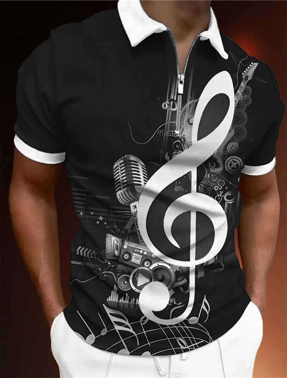 Design Polo Shirt Music Notes Light Prints Mens Tops Golf Graphic Short Sleeves Zipper Polo Shirt Fashion Casual Men ClothingXJ250108