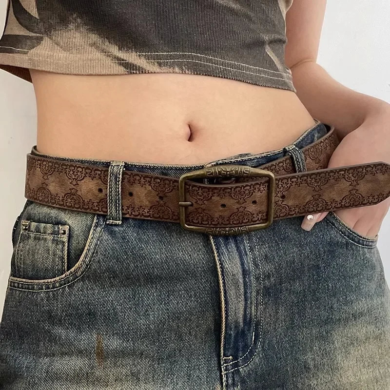 Pattern Print Retro Y2K Belts for Women er Buckle Pin Waist Belt Female Pu Leather Hip Hop Fashion Waistband 250107