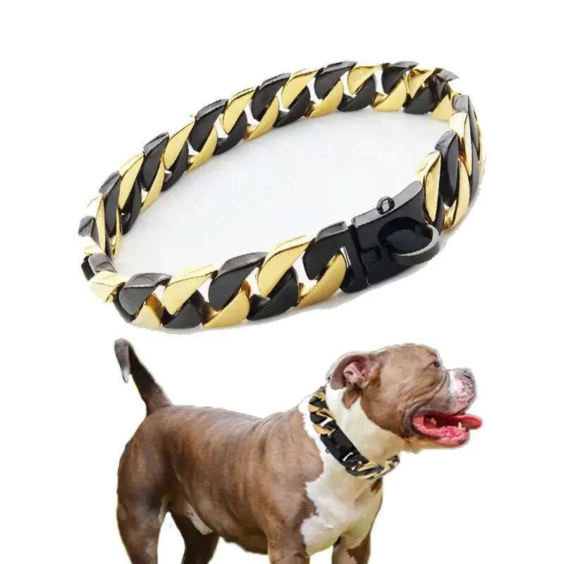 32Mm Strong Stainless Gold Black Dog Traction Rope Titanium Steel Necklace Collar For Training Pets