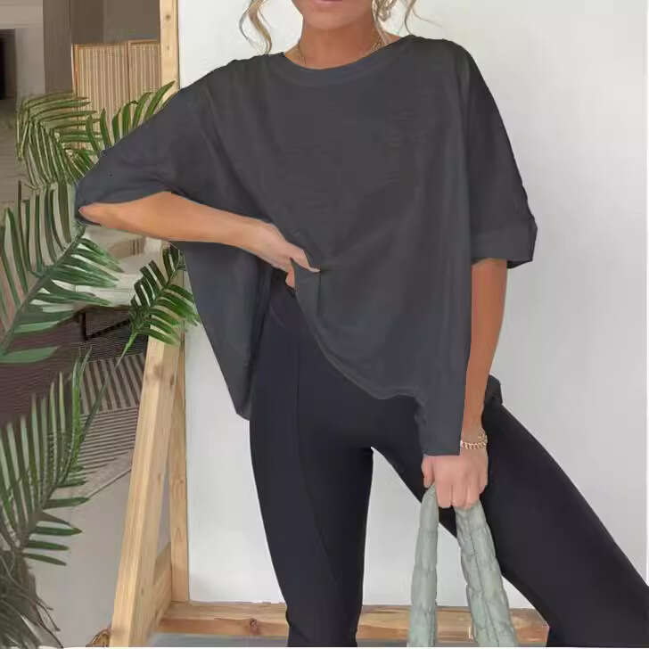 'S Independent Cross-Border Foreign Trade New Summer European And American Women's Clothing Solid Color Loose Round Neck Short Sleeved T-Shi