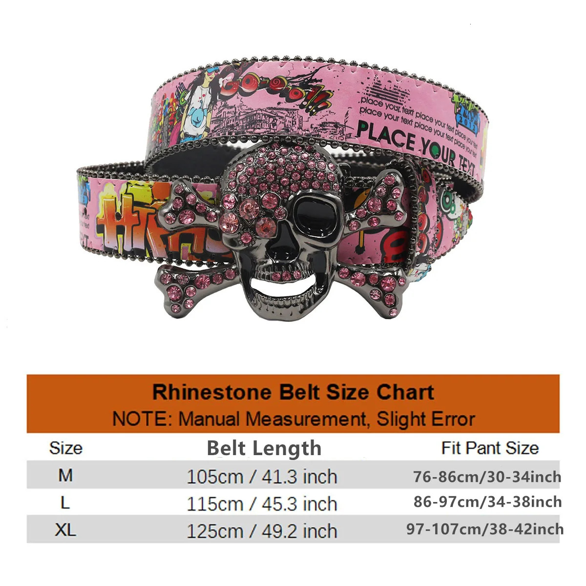 Big Skull Punk Black Rhinestone Belt Ladies er Belt Diamond Soldier Belt Western Cow Y2K Fashion Belt Hip Hop Graffiti 250107