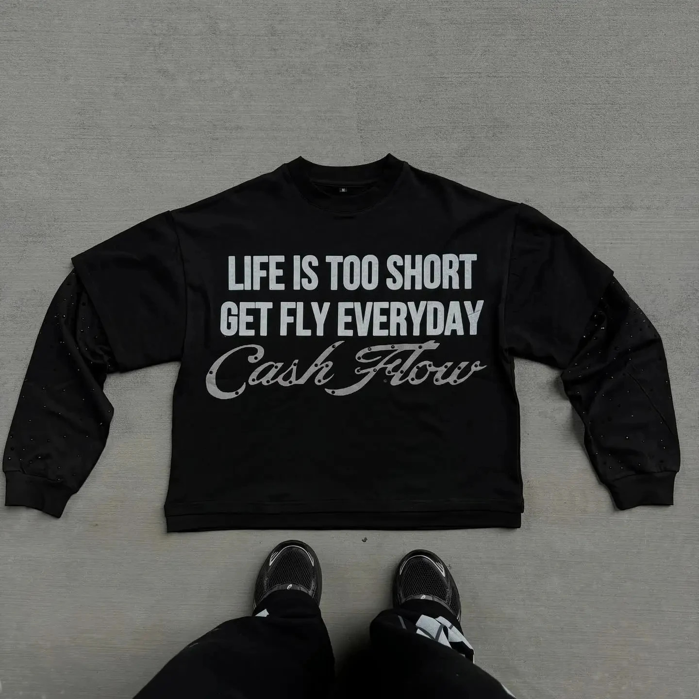 Streetwear Double Layered Long Sleeves Harajuku Goth Letter Graphic Print Rhinestone Oversized T Shirt Tops Men Women Clothes 250107