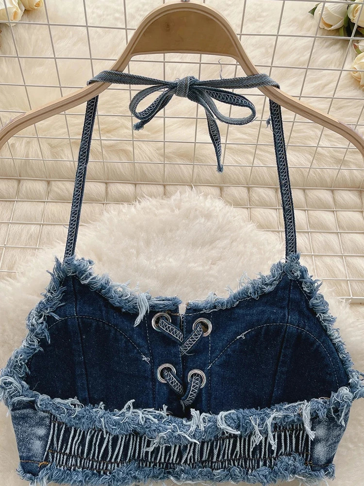 OIINAA Bathing Suit Women Sexy Denim Suits Bikini Set Lace Up Drawstring Beachwear 2024 Solid Summer Vintage Two-pieces Swimwear 250107